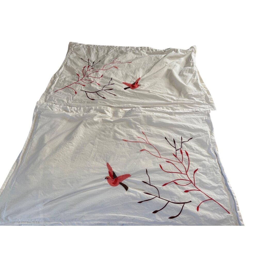 Pair of king Superior Embroidered Bird & Branches White Cotton Pillowcases boho
